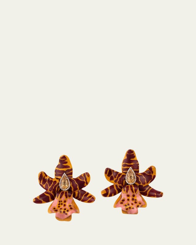 18K Yellow Gold Earthy Marquetry Orchid Earrings with Diamonds and Citrine
